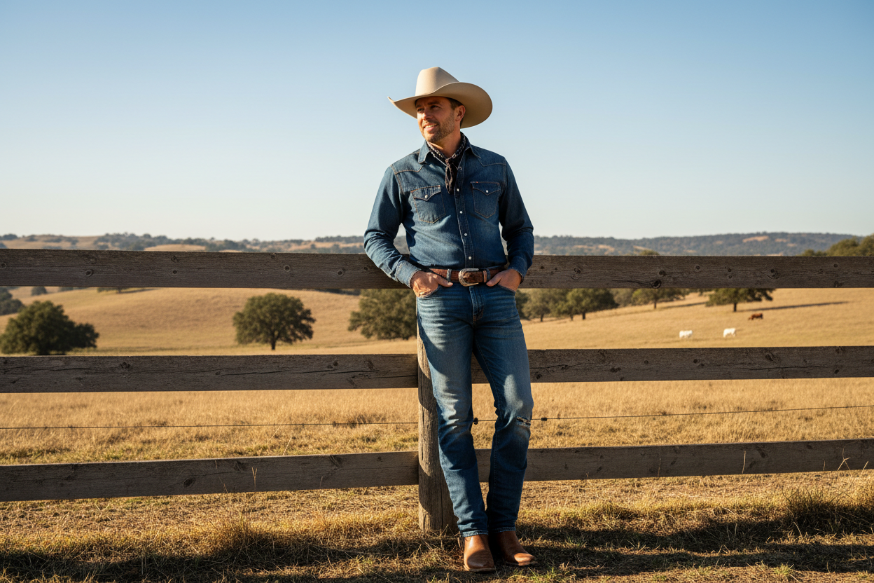 modern cowboy leraning against a fence on a sunny day